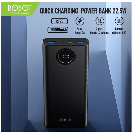 ROBOT RT23 PowerBank 20000mah Quick Charging Powerbank 3 Port Input & Output Original Led Indicator