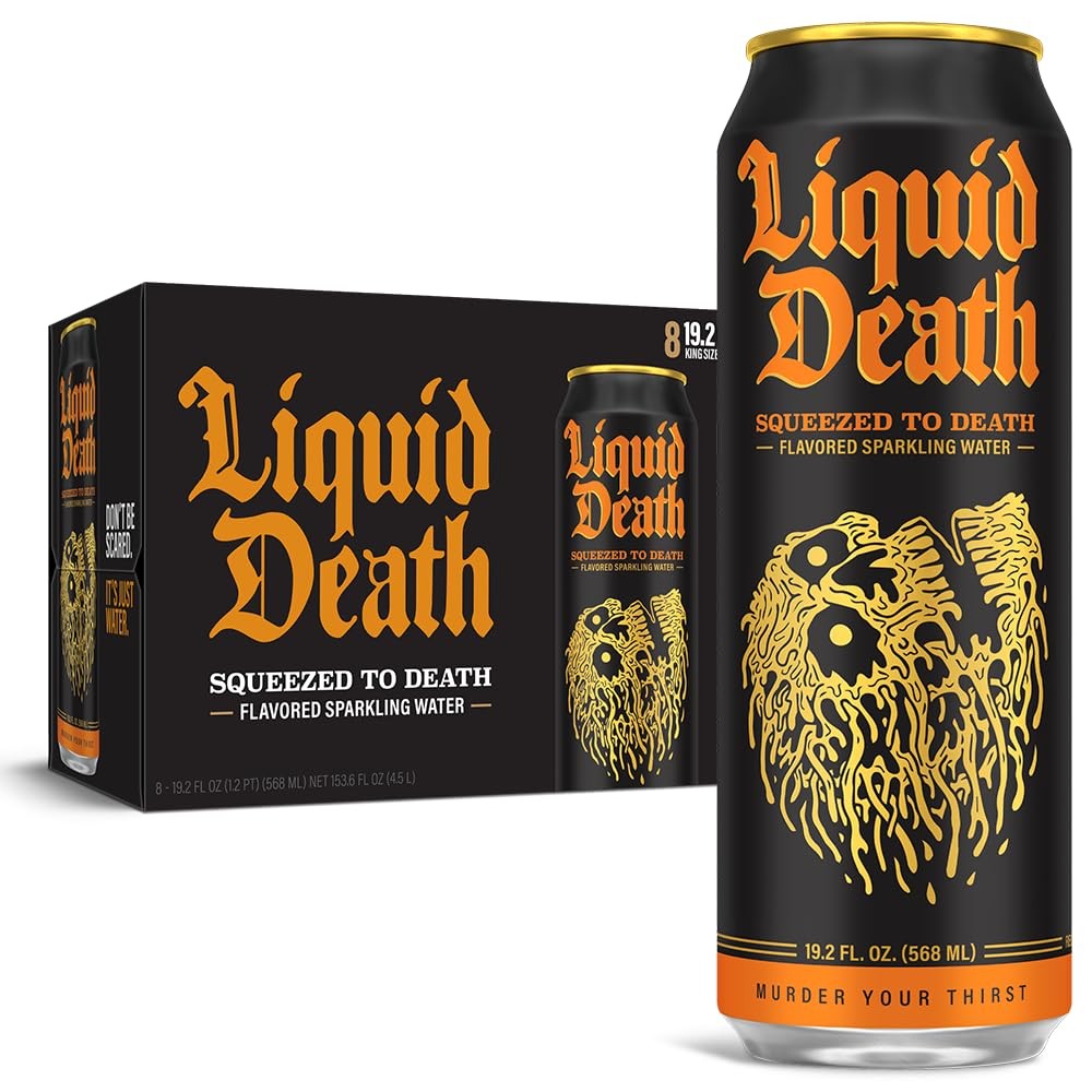 Liquid Death, Squeezed To Death Sparkling Water, Orange Flavored Sparkling Beverage Sweetened With Real Agave, Low Calorie & Low Sugar, 8-Pack (King Size 19.2oz Cans)