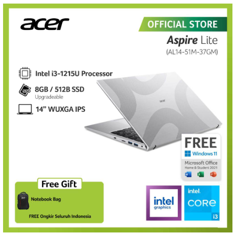 ACER LAPTOP ASPIRE LITE AL14-51M-37GM 14" WUXGA IPS INTEL CORE I3-1215U RAM 8GB STORAGE 512GB SSD INTEL UHD GRAPHICS