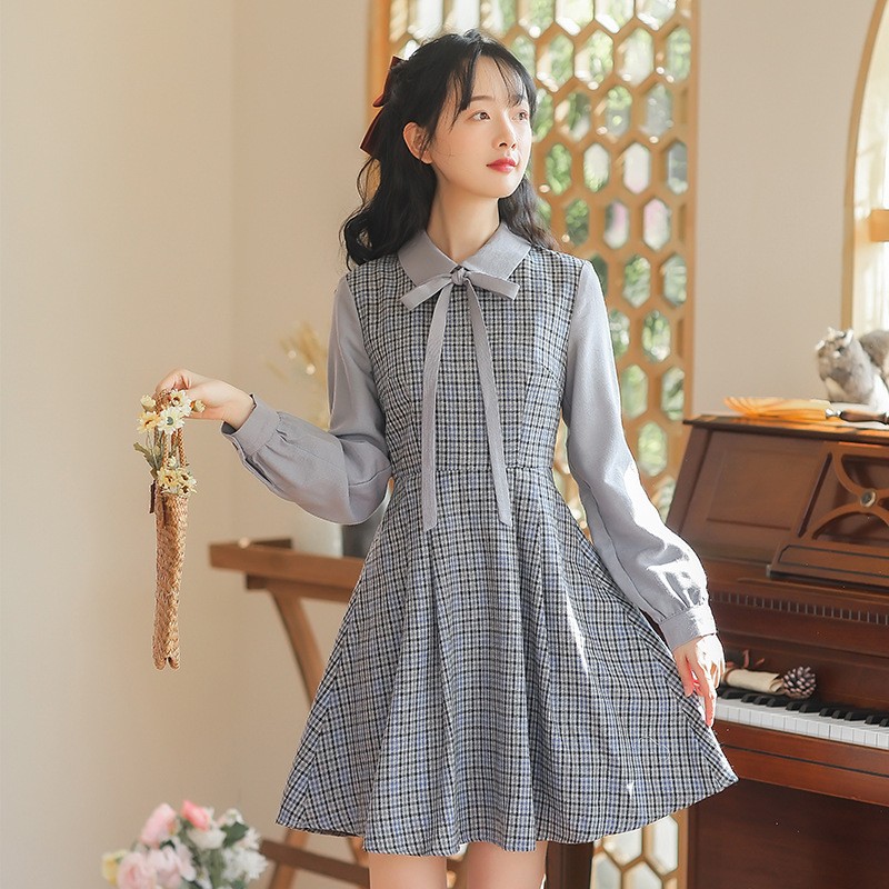 Women's Clothing Agent Joining Autumn Winter Retro Plaid Short and Small Stature Girls' False Two-Pi