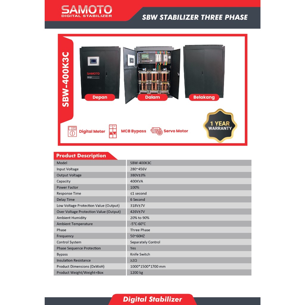 STABILIZER SAMOTO 400KVA 3 PHASE - SBW400K3C AUTO VOLTAGE REGULATOR