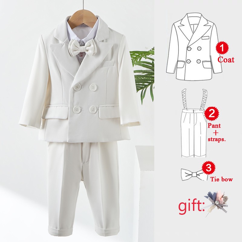 Baby Photography White Dress For Boys Boy's Clothes Set 2024 New Formal Outfit Kids Blazer Suspenders Pants 1 ST birthday