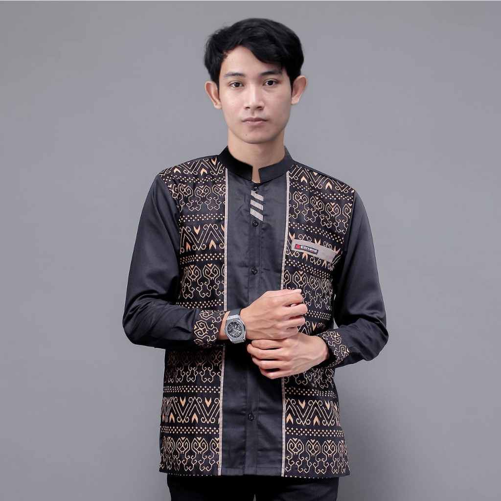 Baju Koko Pria Lengan Panjang Motif Jarilist Warna Hitam Kombinasi Batik