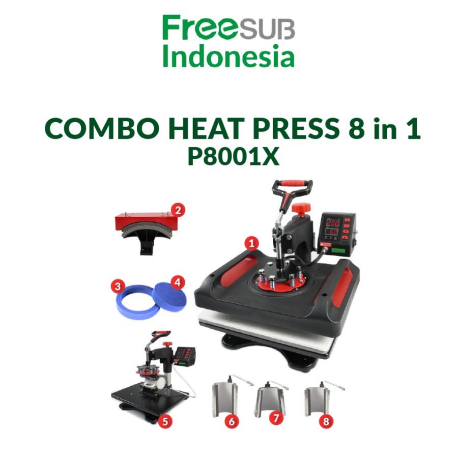 FREESUB - Mesin Press Kaos, Sepatu, Topi, Pulpen, Mug, Piring P8001X (5 in 1 / 8 in 1/ 11 in 1)
