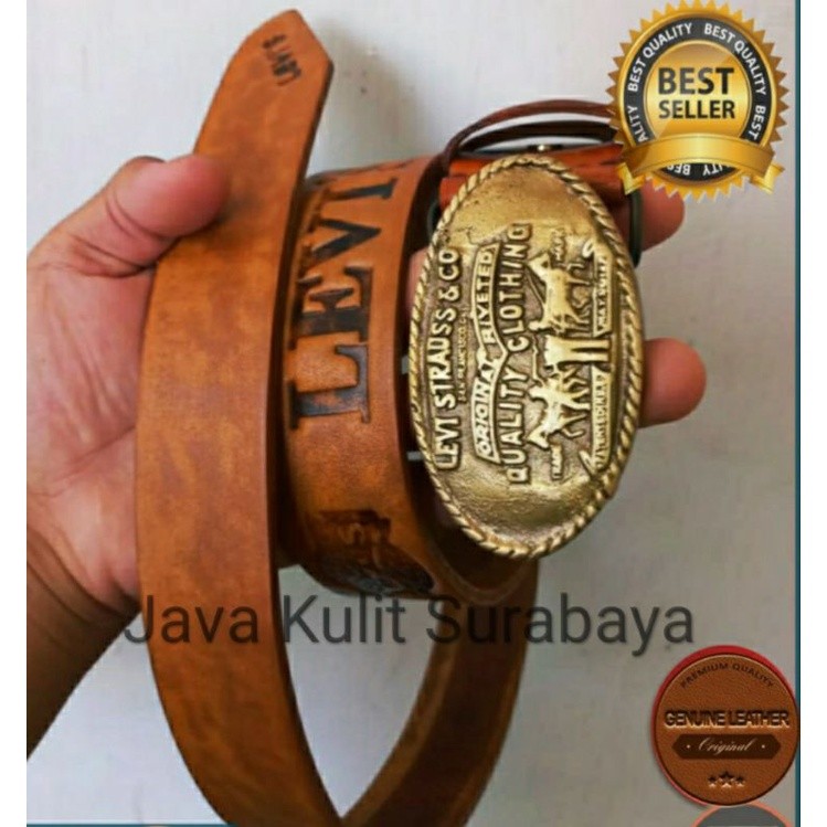 Ikat Pinggang Pria Keren Model Oval 100% Fulit Sapi Utuh Tebal, Gesper Kepala Kuningan